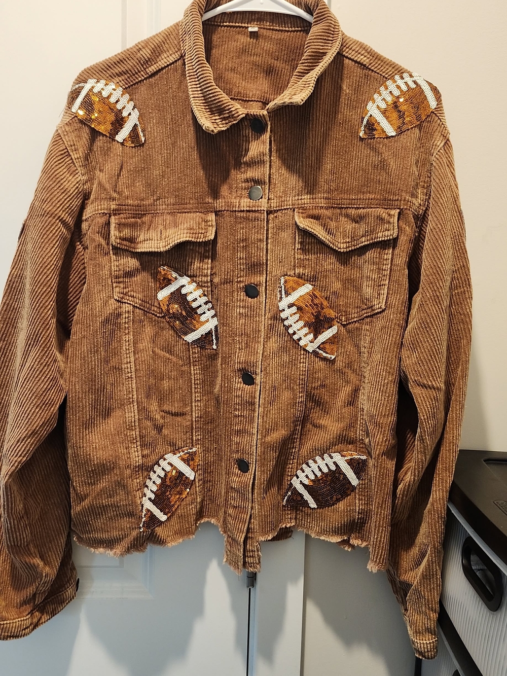 Embroidered Football Corduroy Jacket - Brown Distressed.